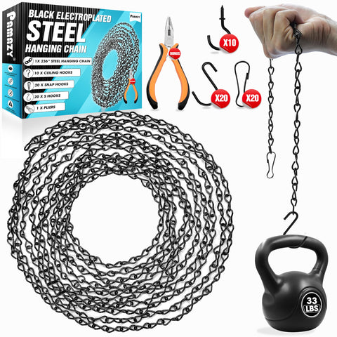 Pamazy upgraded 236-inch black chain for versatile indoor and outdoor hanging projects.