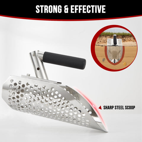 PAMLIAPY sand scoop on rugged beach demonstrates corrosion-resistant construction for coastal finds.