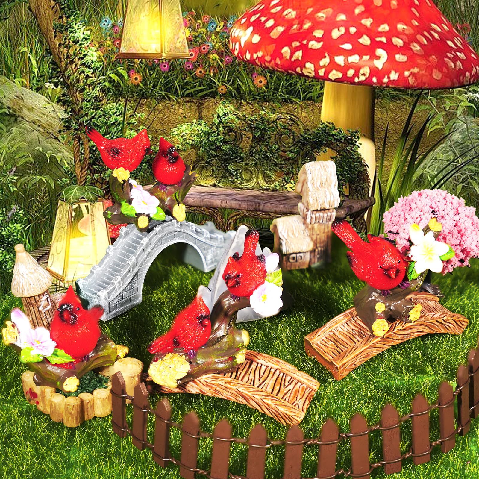 Pamonrueer cardinal figurine in a whimsical garden display