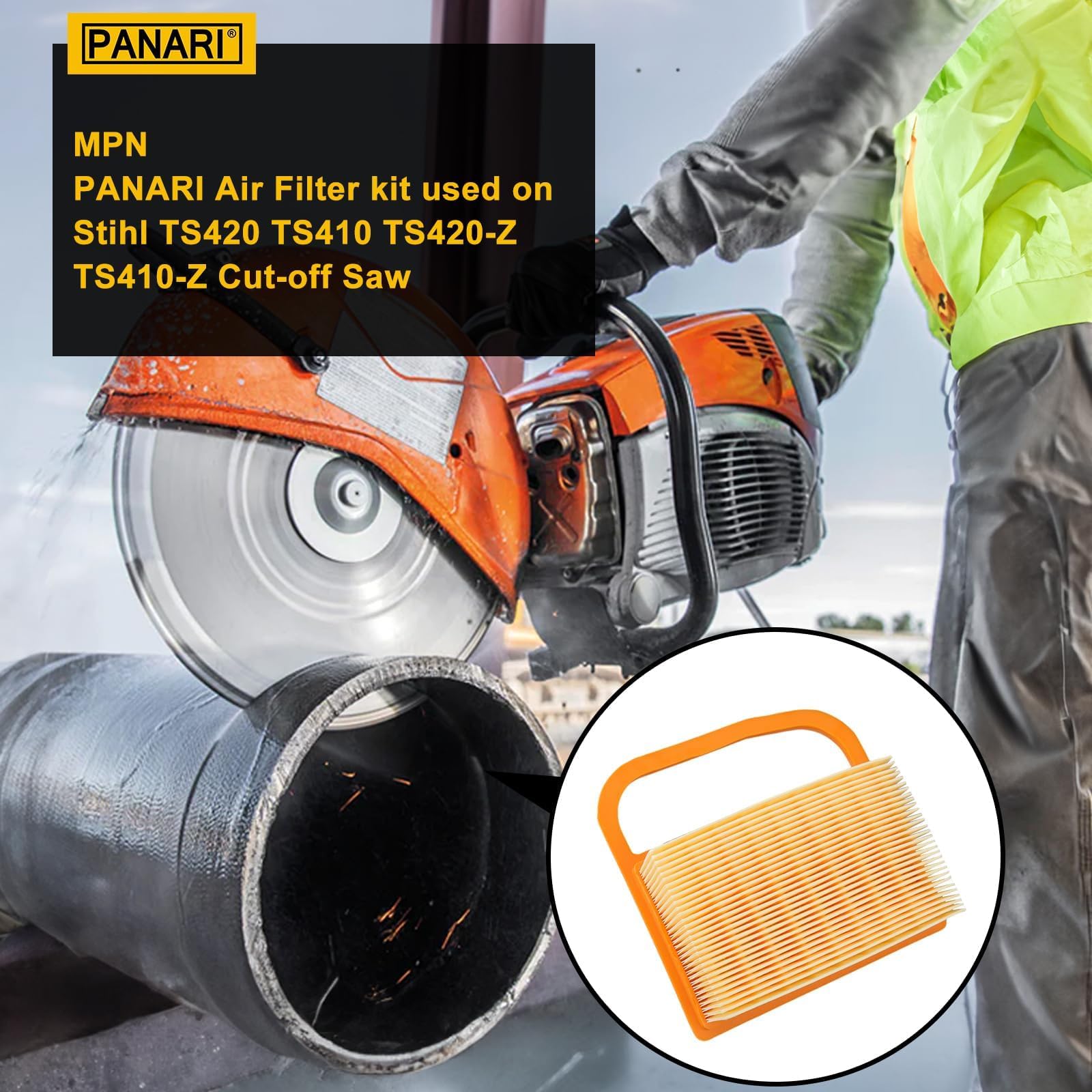 Panari STIHL TS420 air filter assembly with pleated media for dust capture
