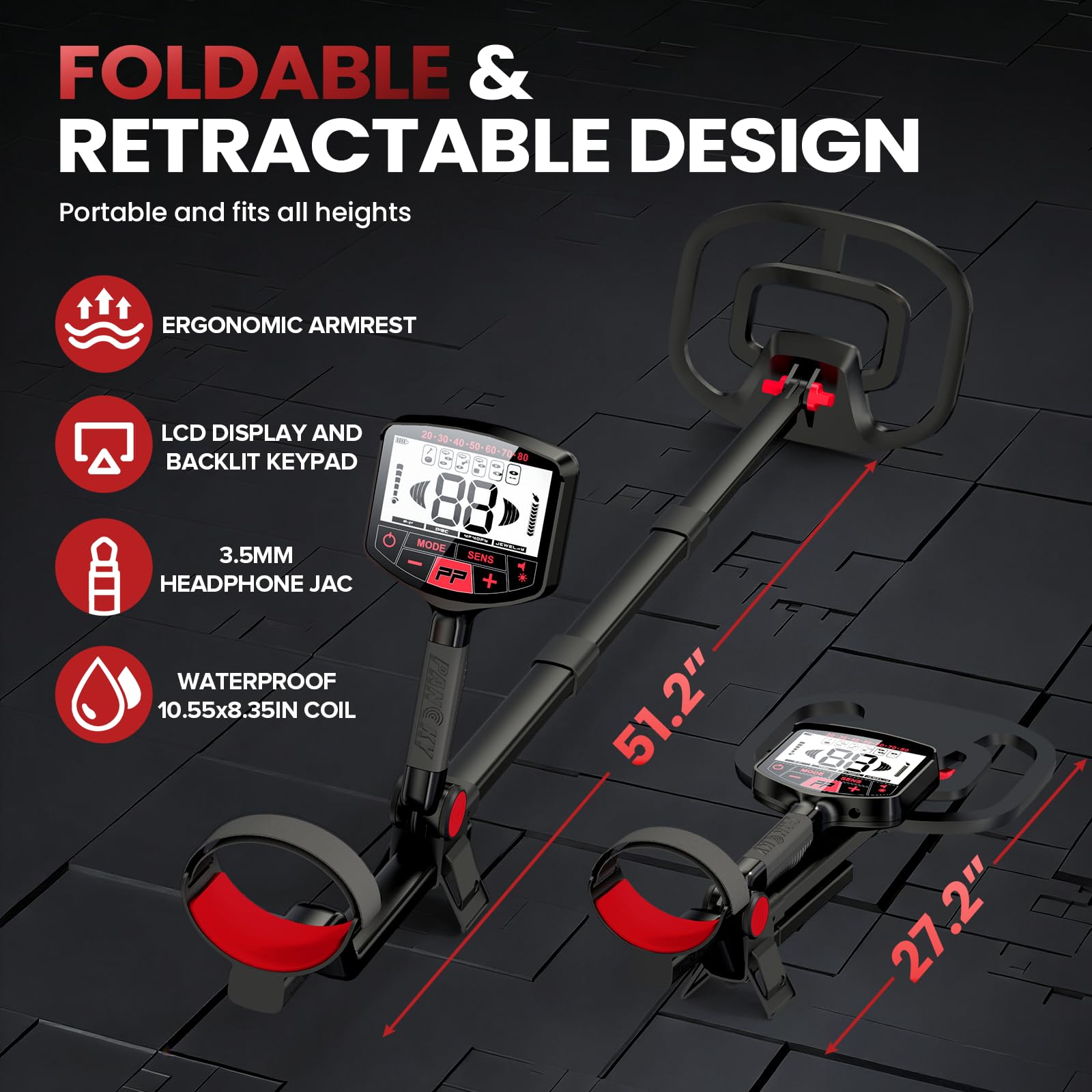 Adjustable PANCKY detector length from 27.2 to 51.2 inches for versatile use.