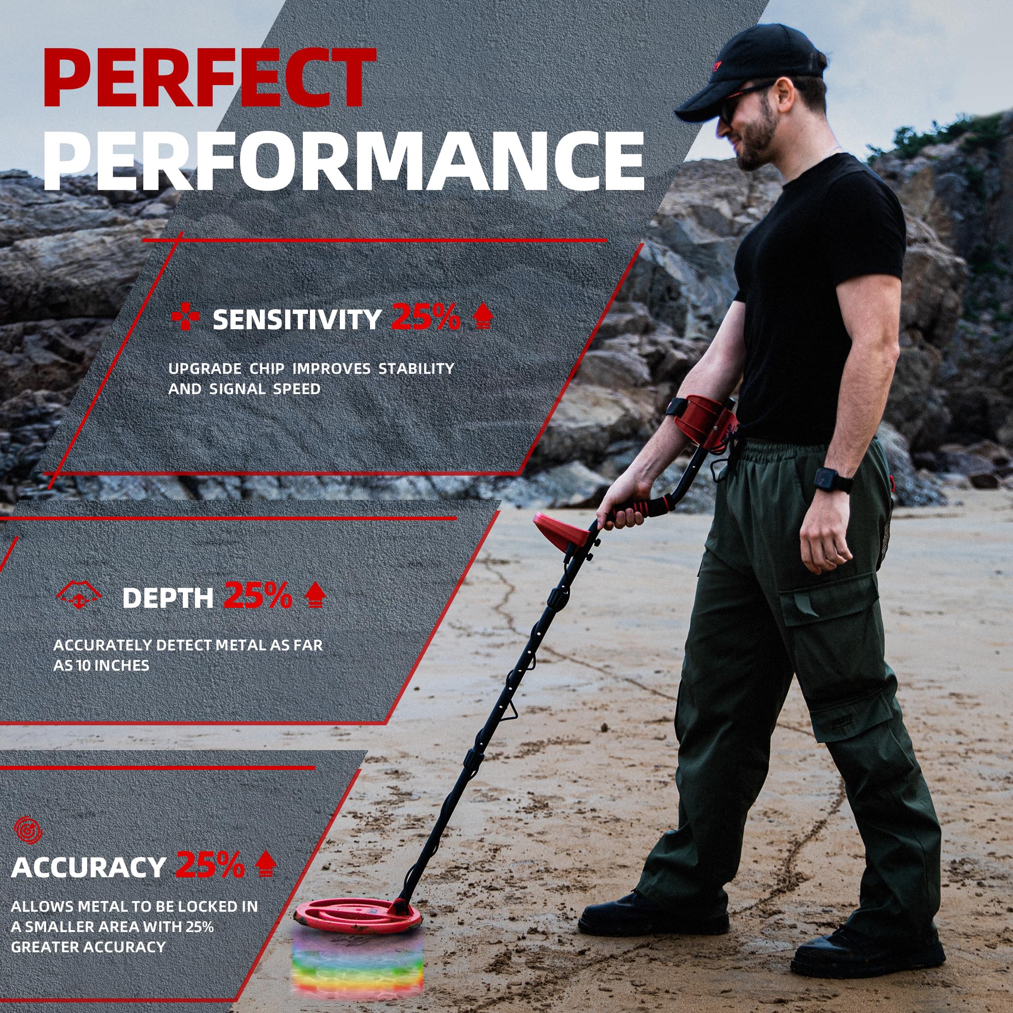 PANCKY metal detector kit includes carry bag, shovel, earphones, and batteries for ready-to-go trips.