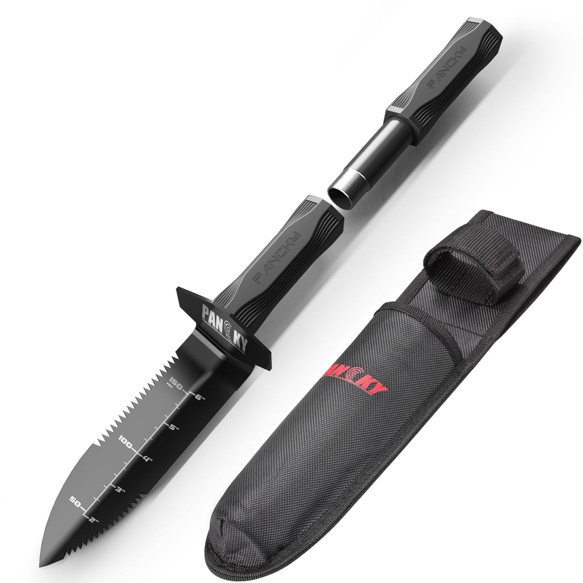 PANCKY metal detector shovel with extended handle offers flexible digging.