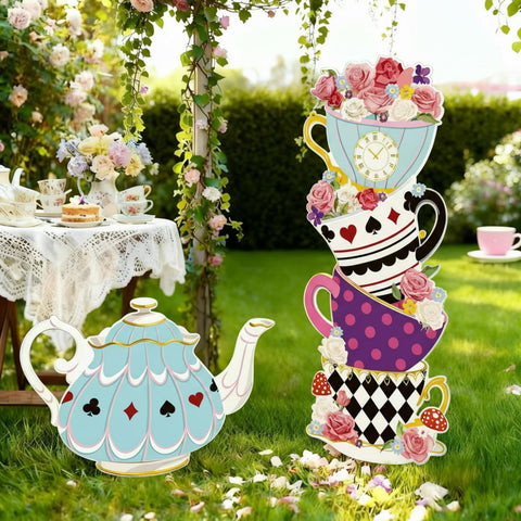 Panelee Wonderland teacup tower sign enhances yard decor for Halloween parties