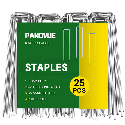 Panovue 6inch galvanized staples being hammered into soil for secure ground anchoring