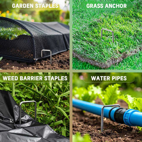 Panovue staples penetrating sod with sharp angled ends for easy installation