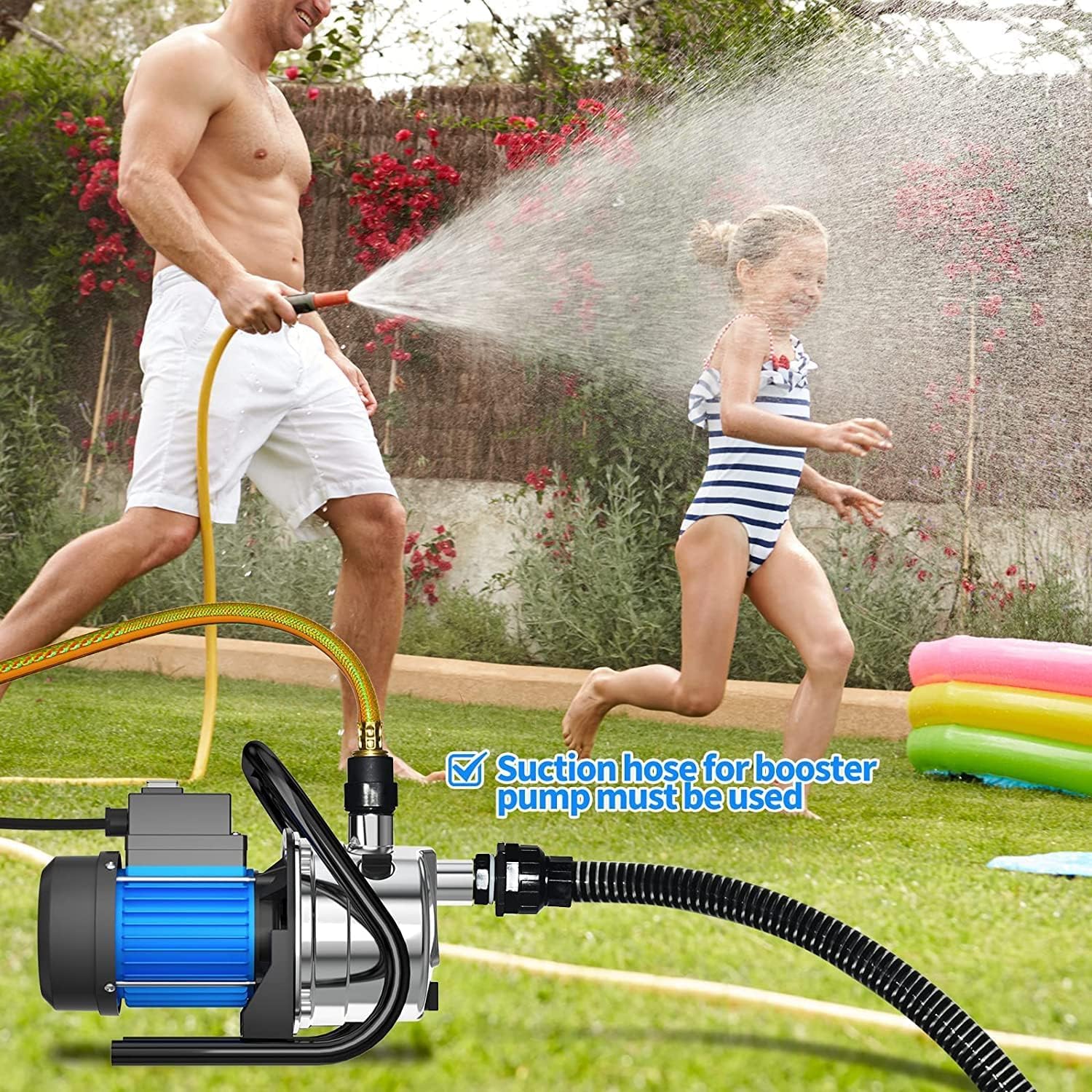 PANRANO water transfer pump side view shows compact design for backyard use