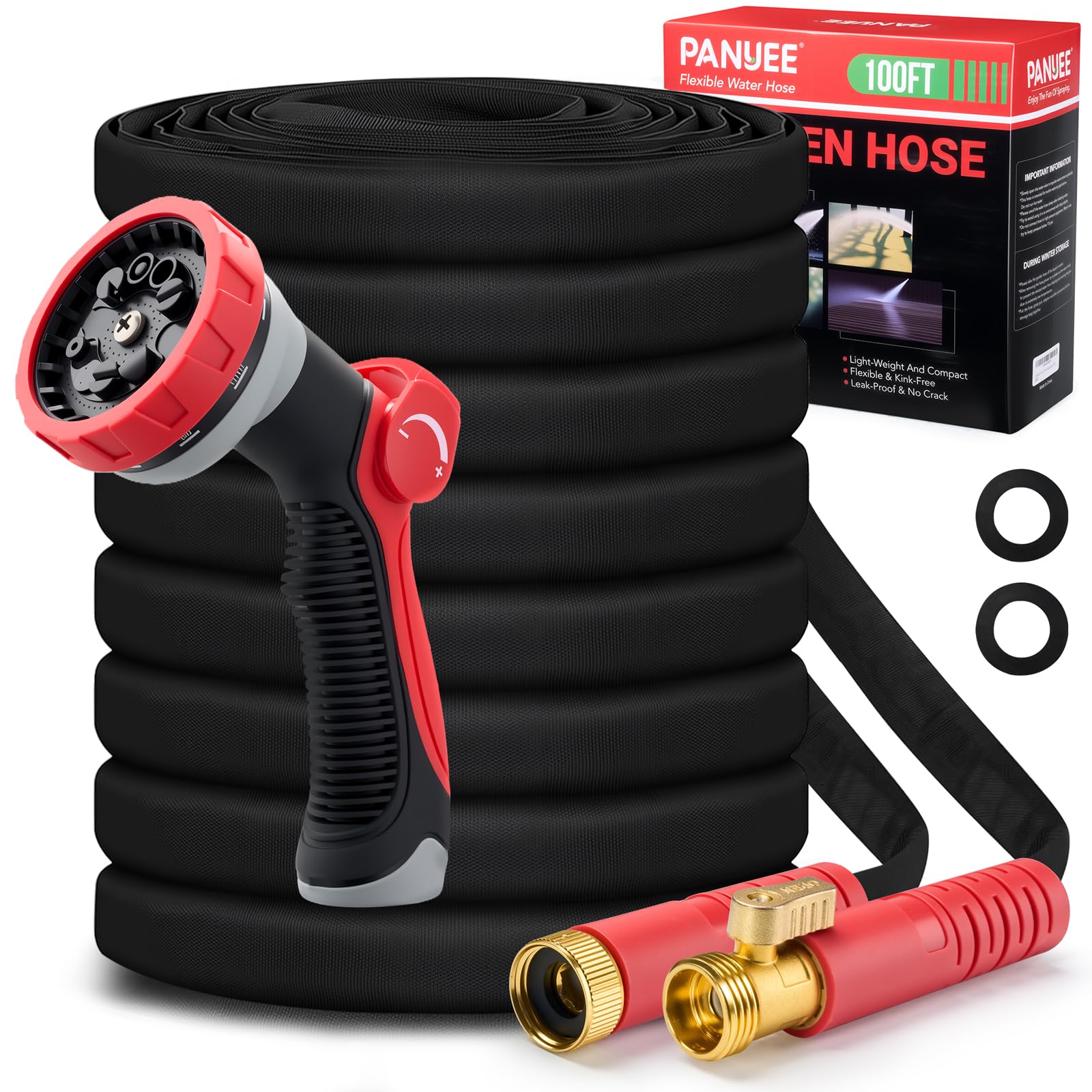 PANYEE Upgraded 100ft non-expandable hose packshot showing full length for easy yard watering
