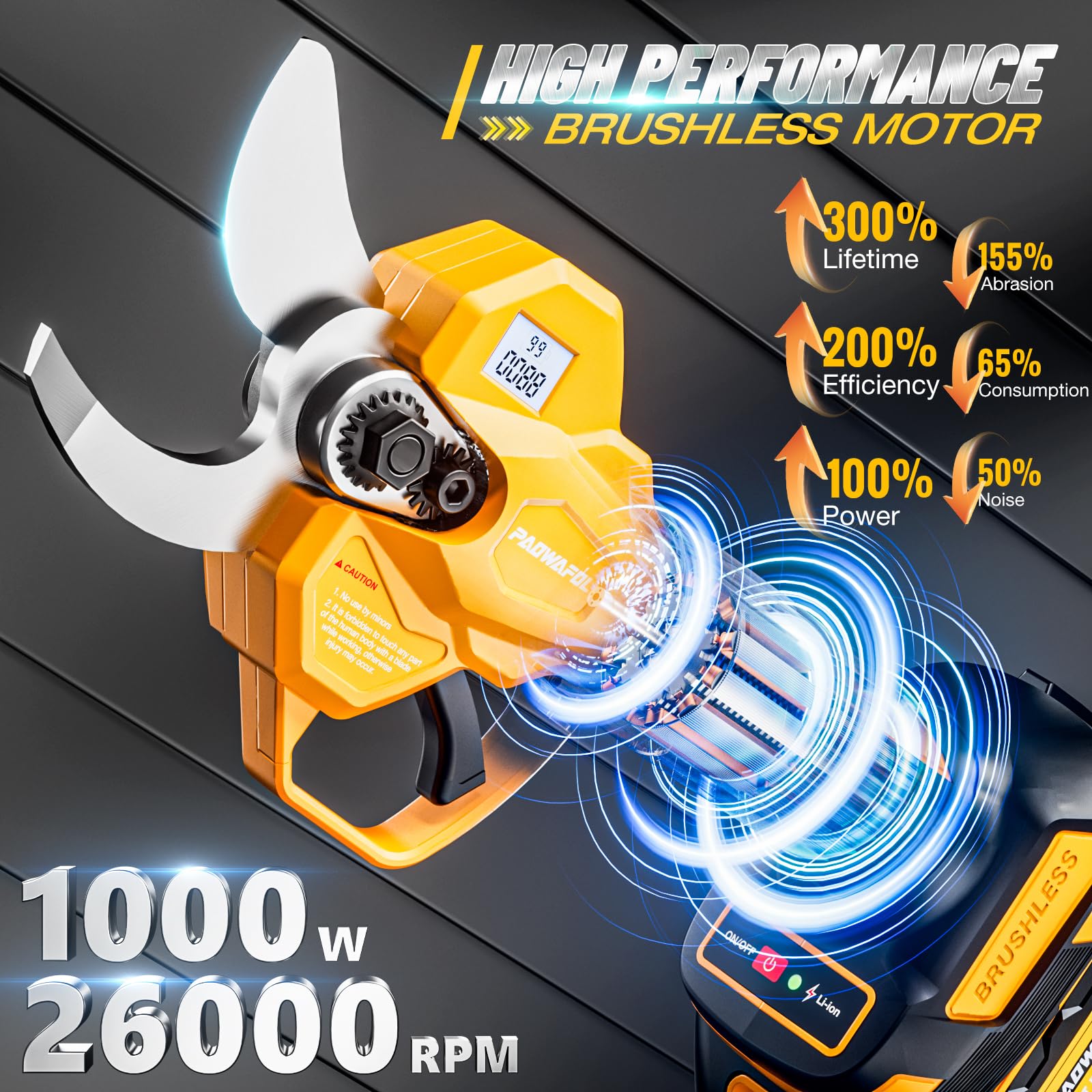 PAOWAFOL dual 21V 2000mAh batteries provide cordless pruning convenience.