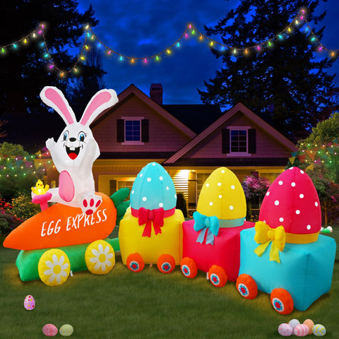 PARAYOYO 11ft Easter train with bunny shines outdoors for curb appeal.