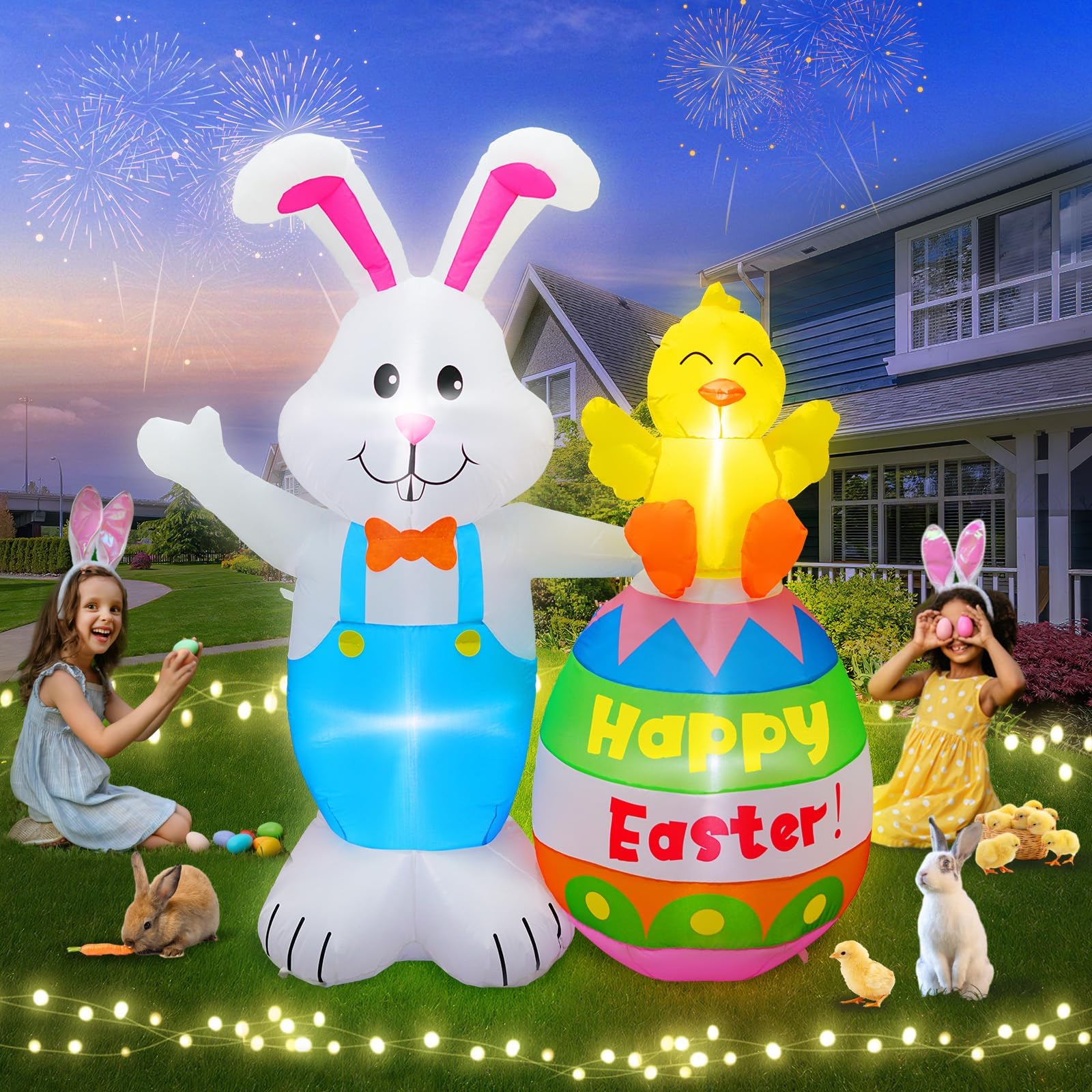 PARAYOYO Easter inflatable bunny on egg with LEDs for outdoor yard decor