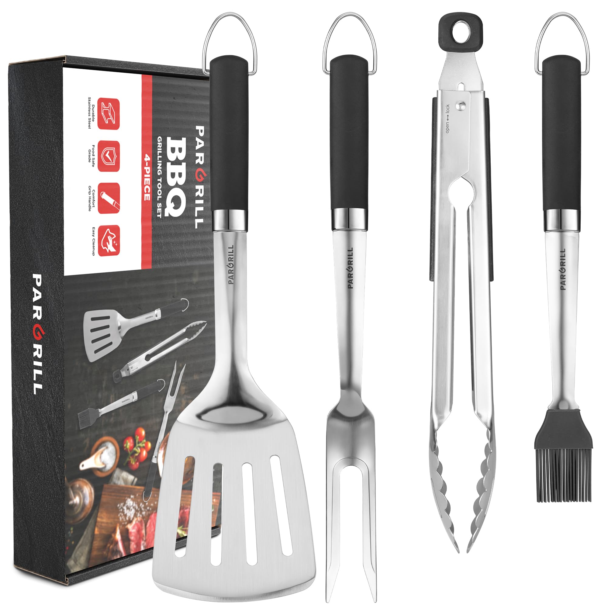 PARGRILL premium stainless steel spatula with ergonomic handle for precise flipping.