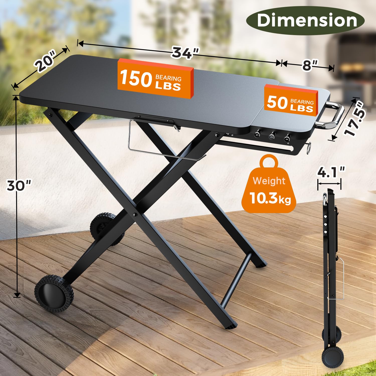 Pariplus grill table stand side view highlighting 17.5x8 inch side shelf for tools