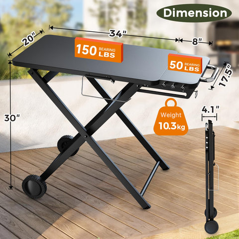 Pariplus grill table stand side view highlighting 17.5x8 inch side shelf for tools
