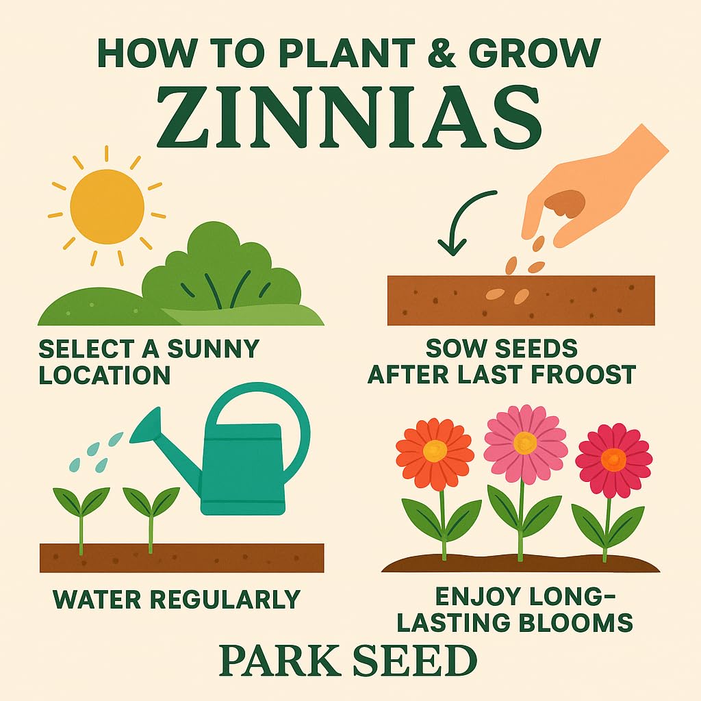 Park Seed Profusion zinnia mix supports pollinators like bees in summer.