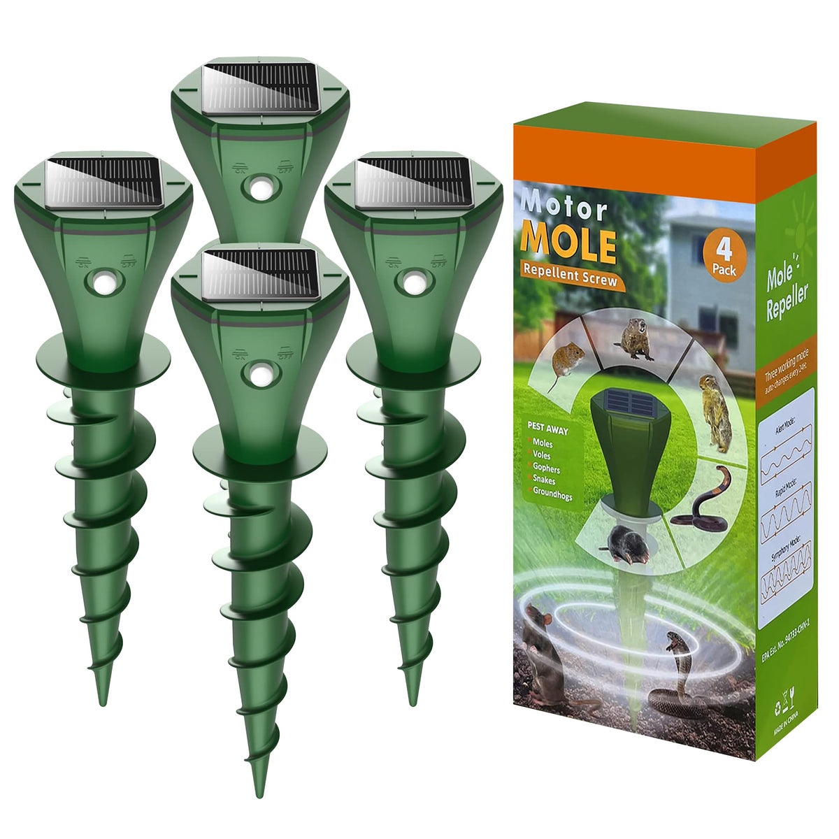 Parquet Solar Pest Repeller Stake with solar top deters burrowing pests in yards.