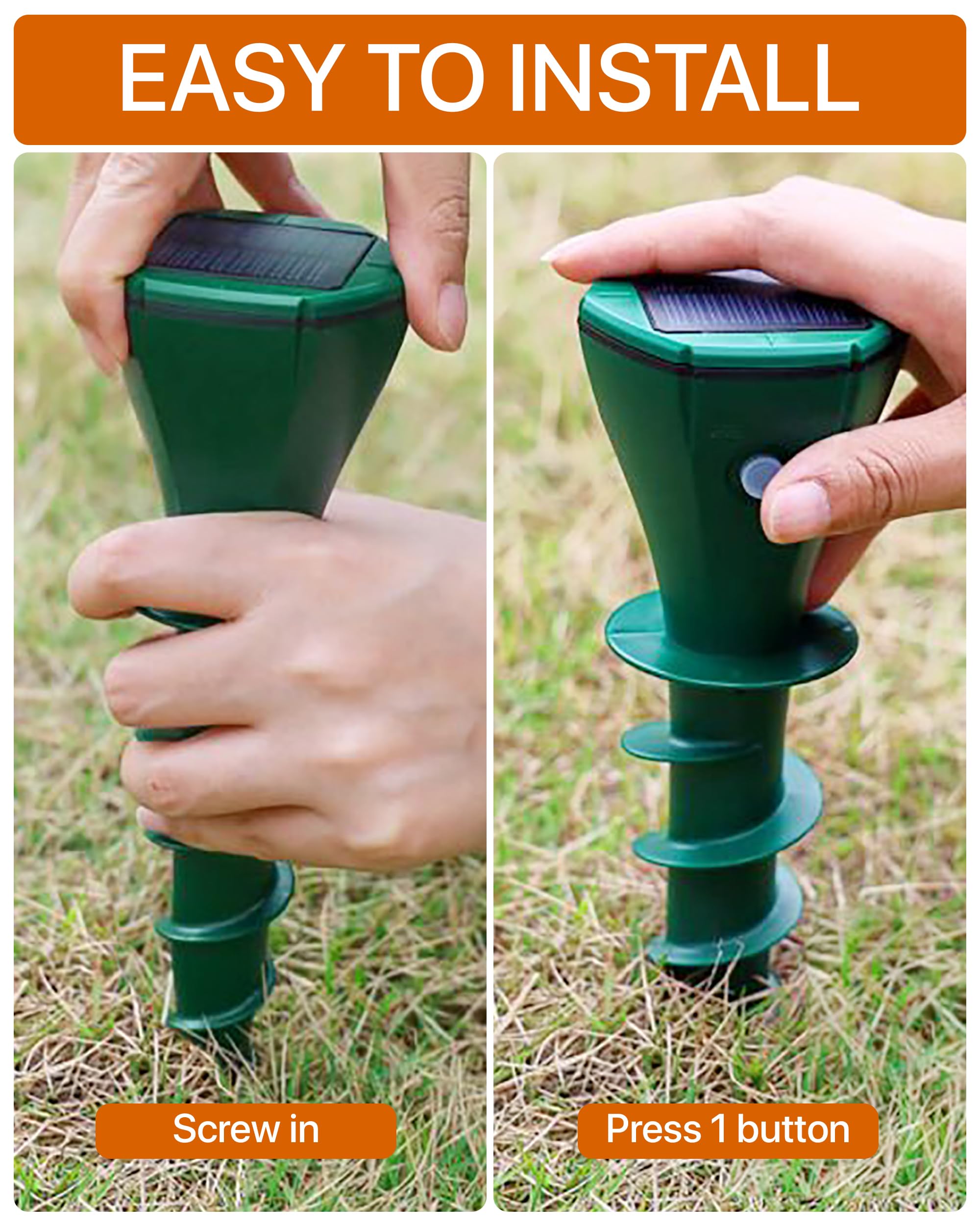 Parquet solar-powered unit cycles multiple vibrations to deter pests.