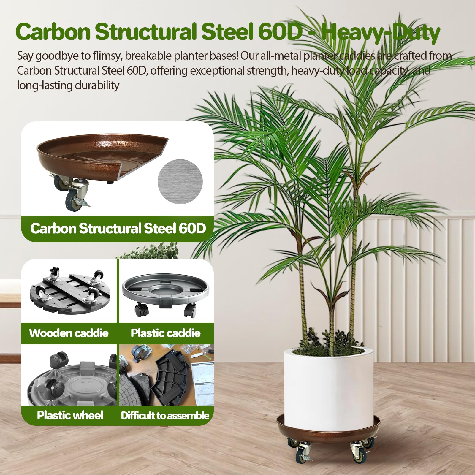 Parsagi heavy-duty plant caddy wheels enable smooth movement for large planters.