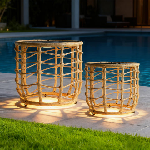 PARTPHONER boho solar outdoor side table with woven texture enhances patio ambience