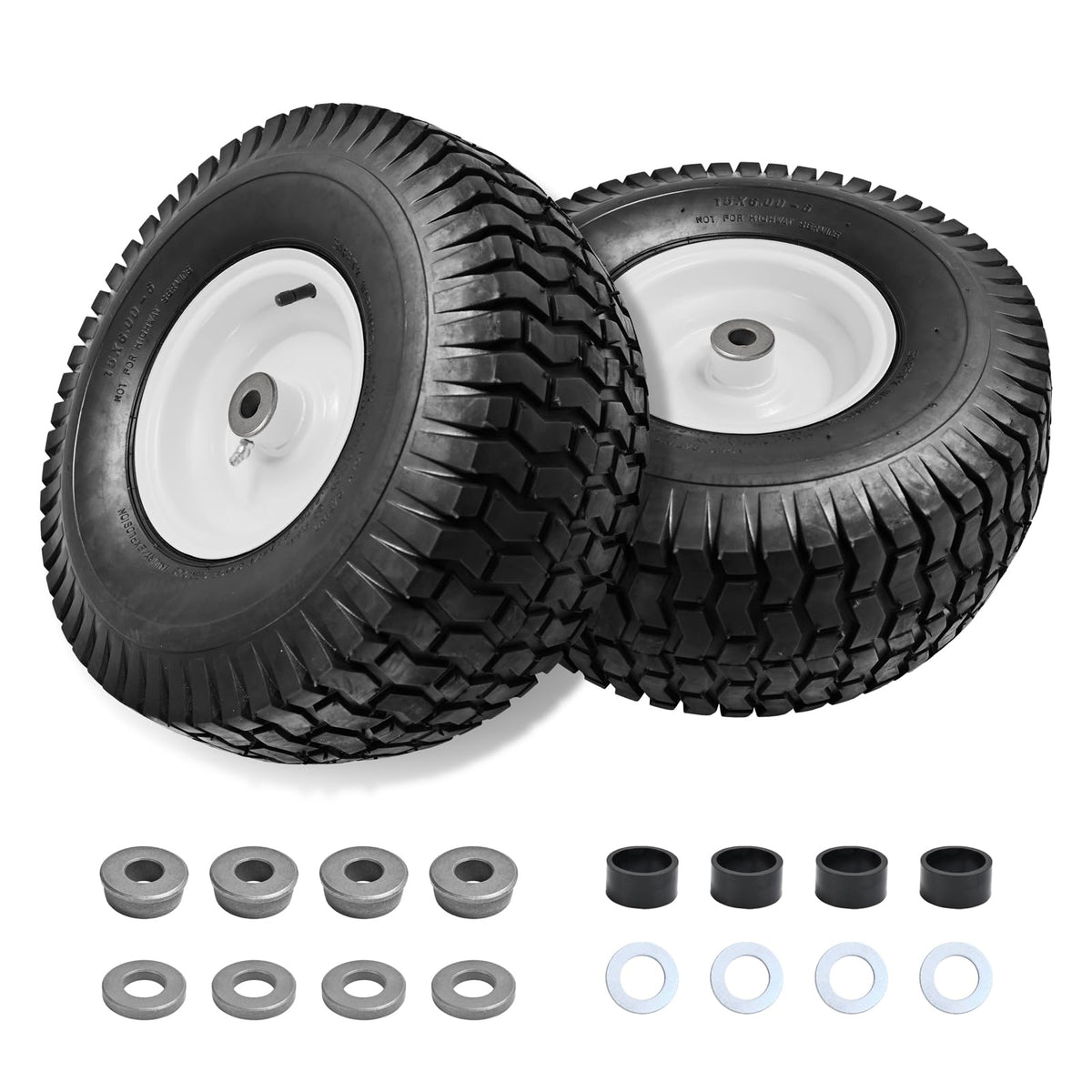 Parts Camp 15x6 tire side view for riding mowers, ideal for improved balance on uneven terrain.