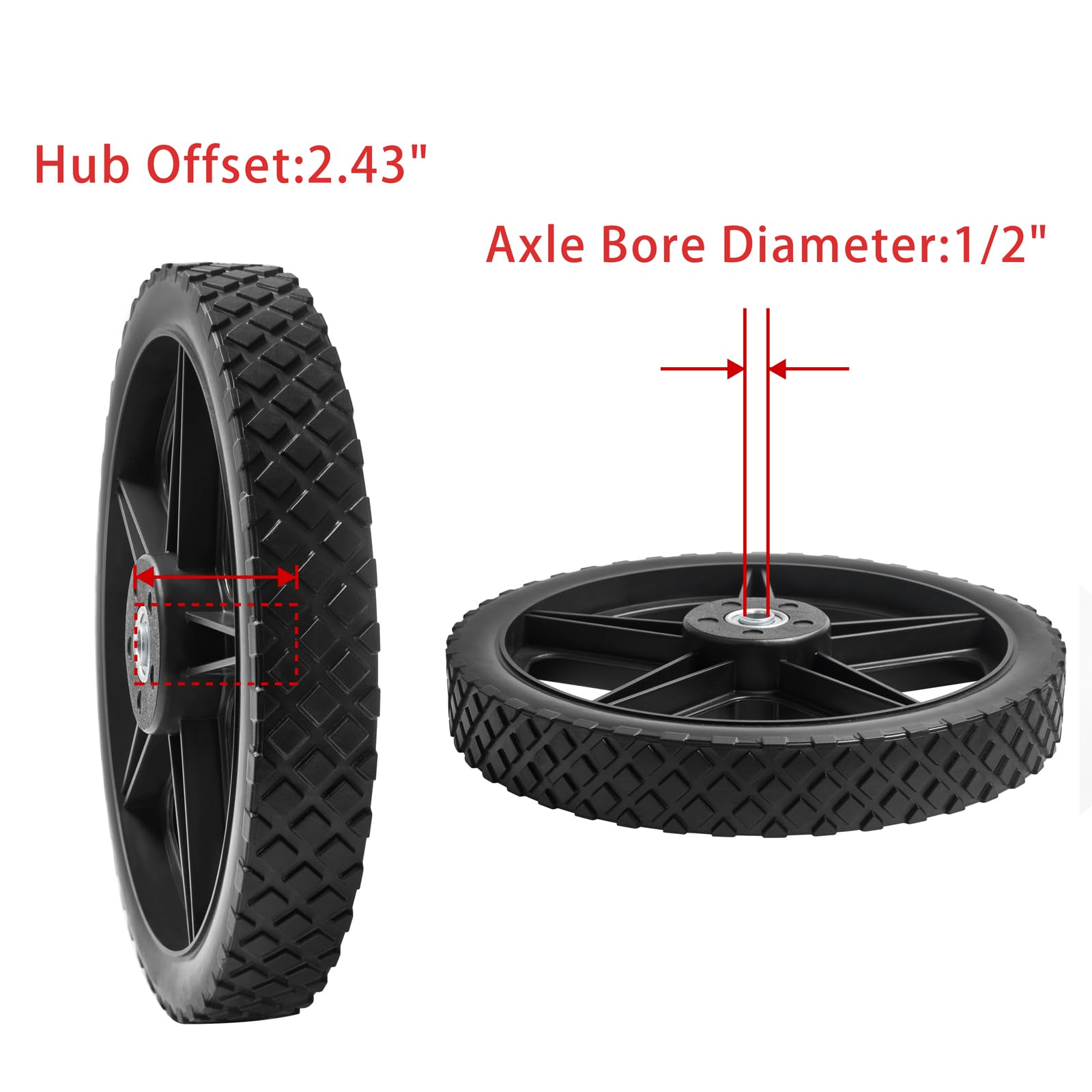 Parts Camp 16in wheel with 1/2 inch axle bore for broad compatibility.