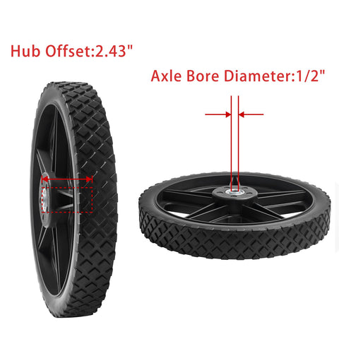 Parts Camp 16in wheel with 1/2 inch axle bore for broad compatibility.