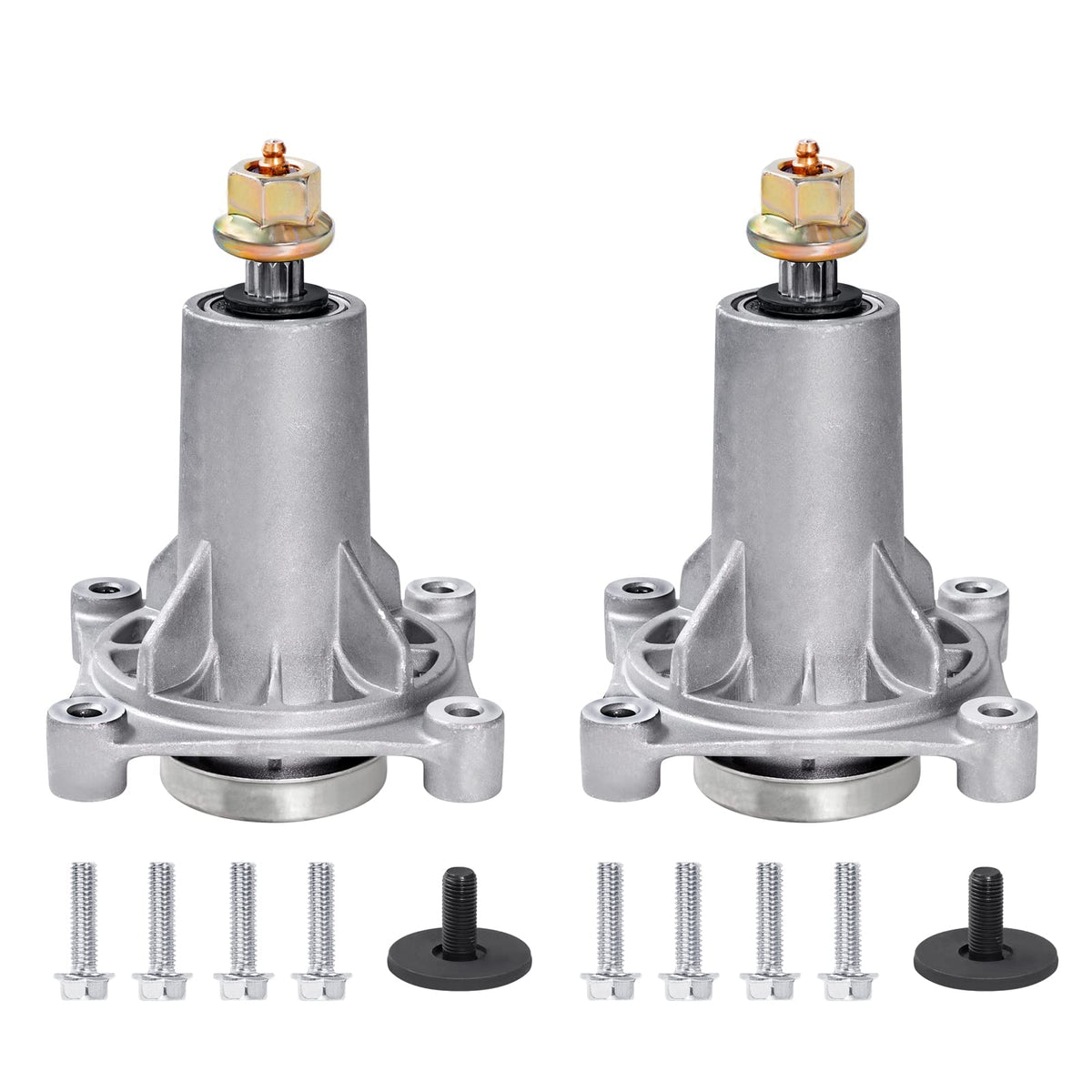 Parts Camp 2-pack mandrel assembly front view for quick mower deck replacement.