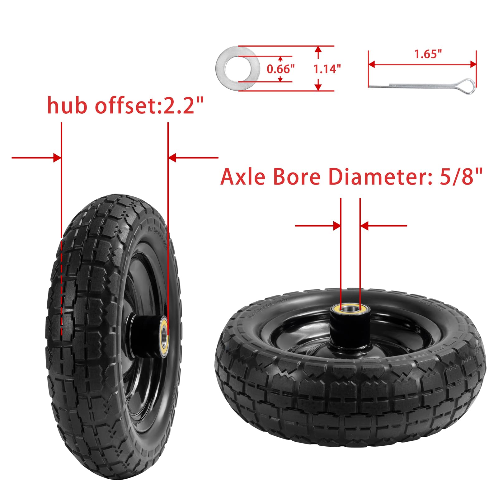 Parts Camp Gorilla Cart wheel bore fits 5/8-inch axles for broad compatibility.