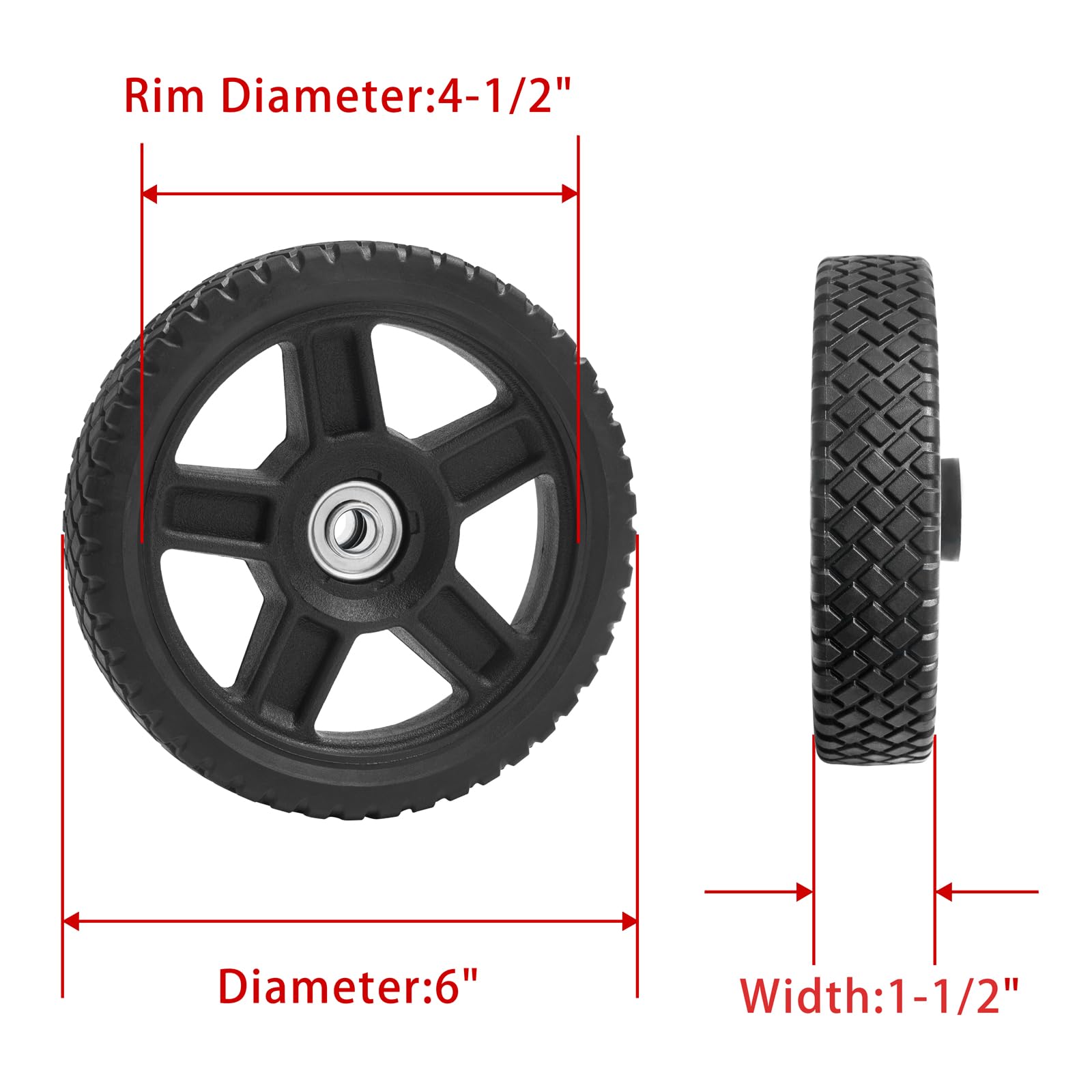 Parts Camp wheel kit 6in side view demonstrates stable fit for push mowers.