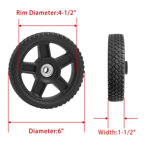 Parts Camp wheel kit 6in side view demonstrates stable fit for push mowers.