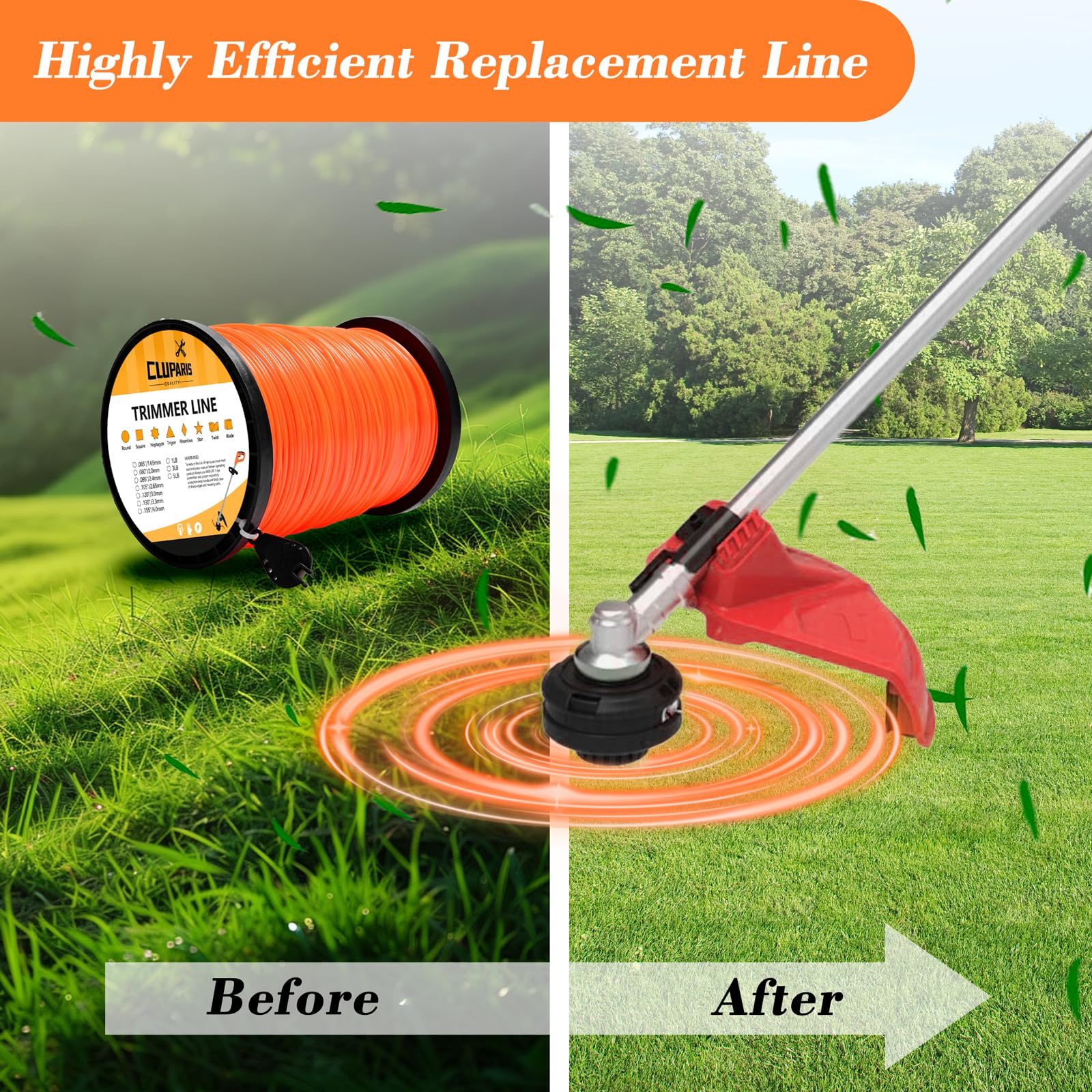Parts Camp trimmer line closeup shows bright orange color for quick identification.