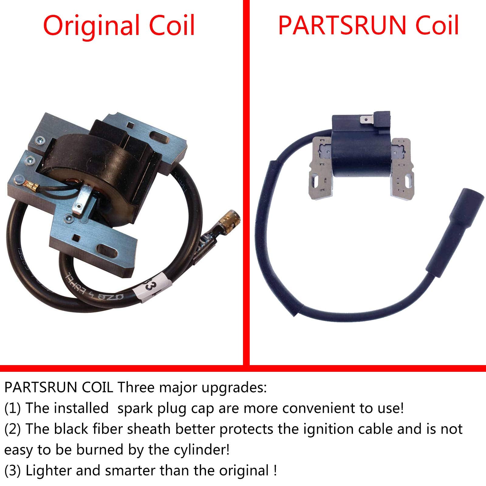 PARTSRUN ignition coil illustrating Briggs & Stratton compatibility for easy maintenance