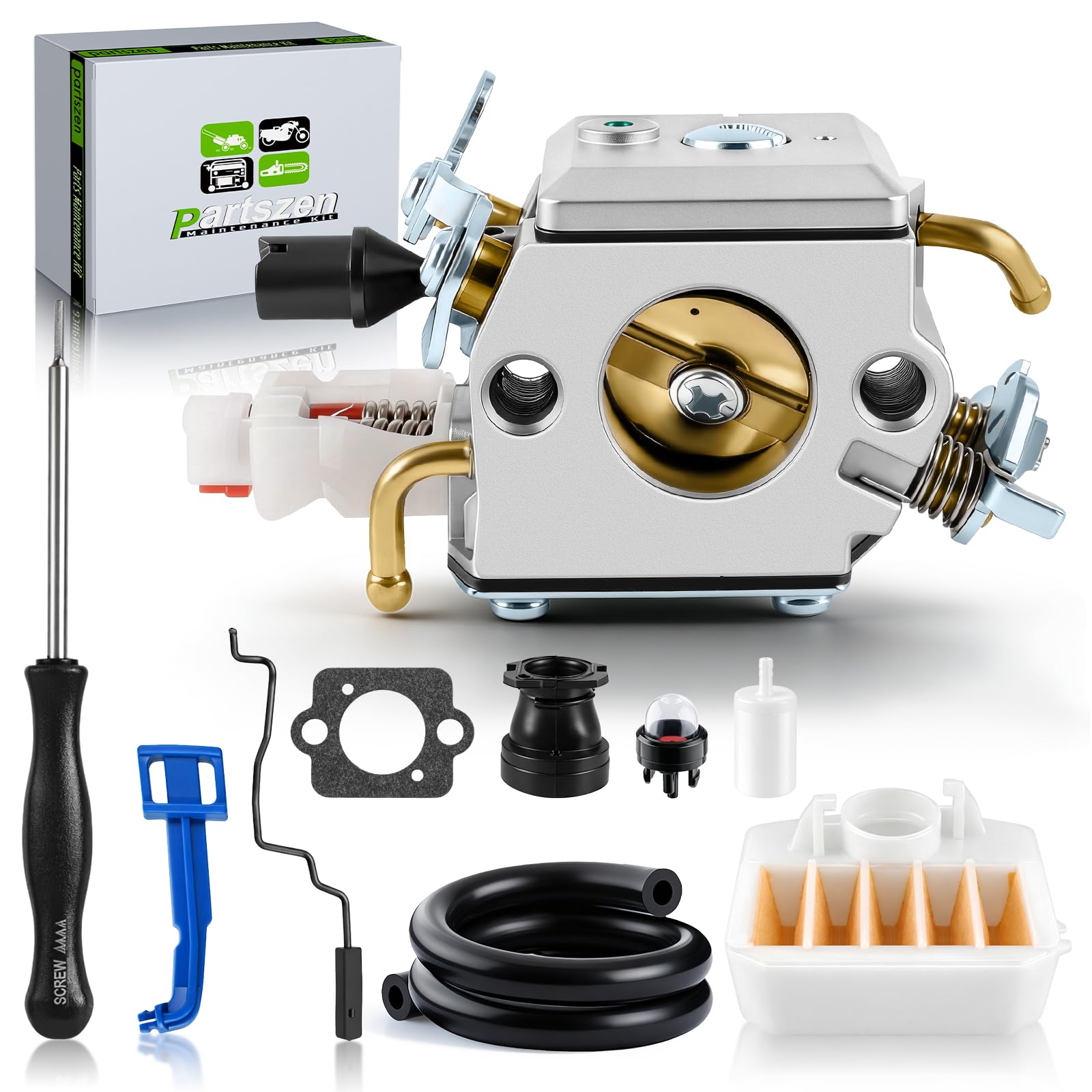 partszen double-tube carburetor close-up for Husqvarna 340, improves fuel delivery.
