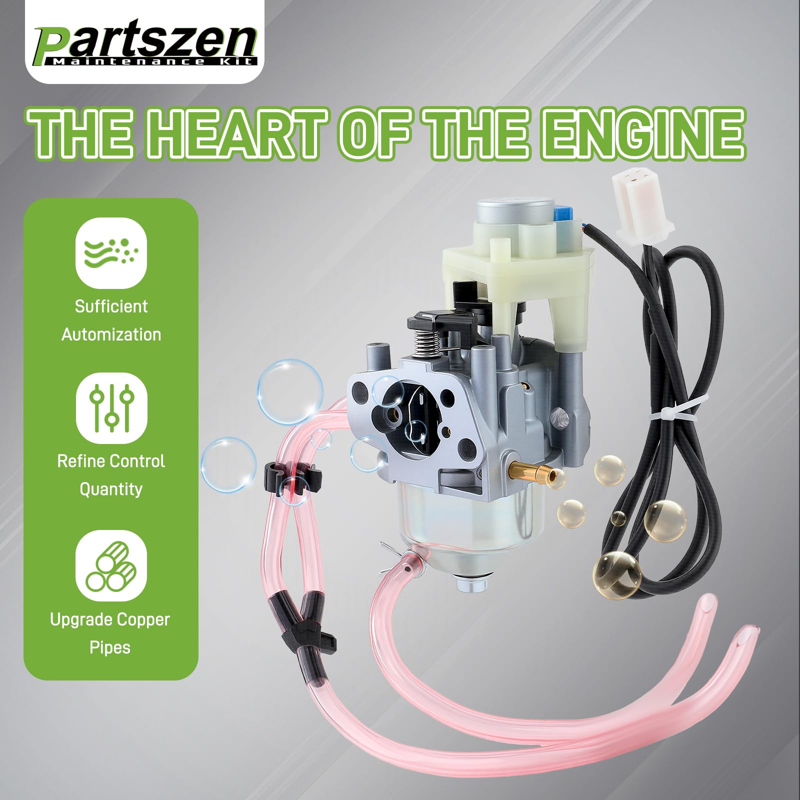 Close-up of Partszen Huayi carburetor shows quality components for dependable performance.