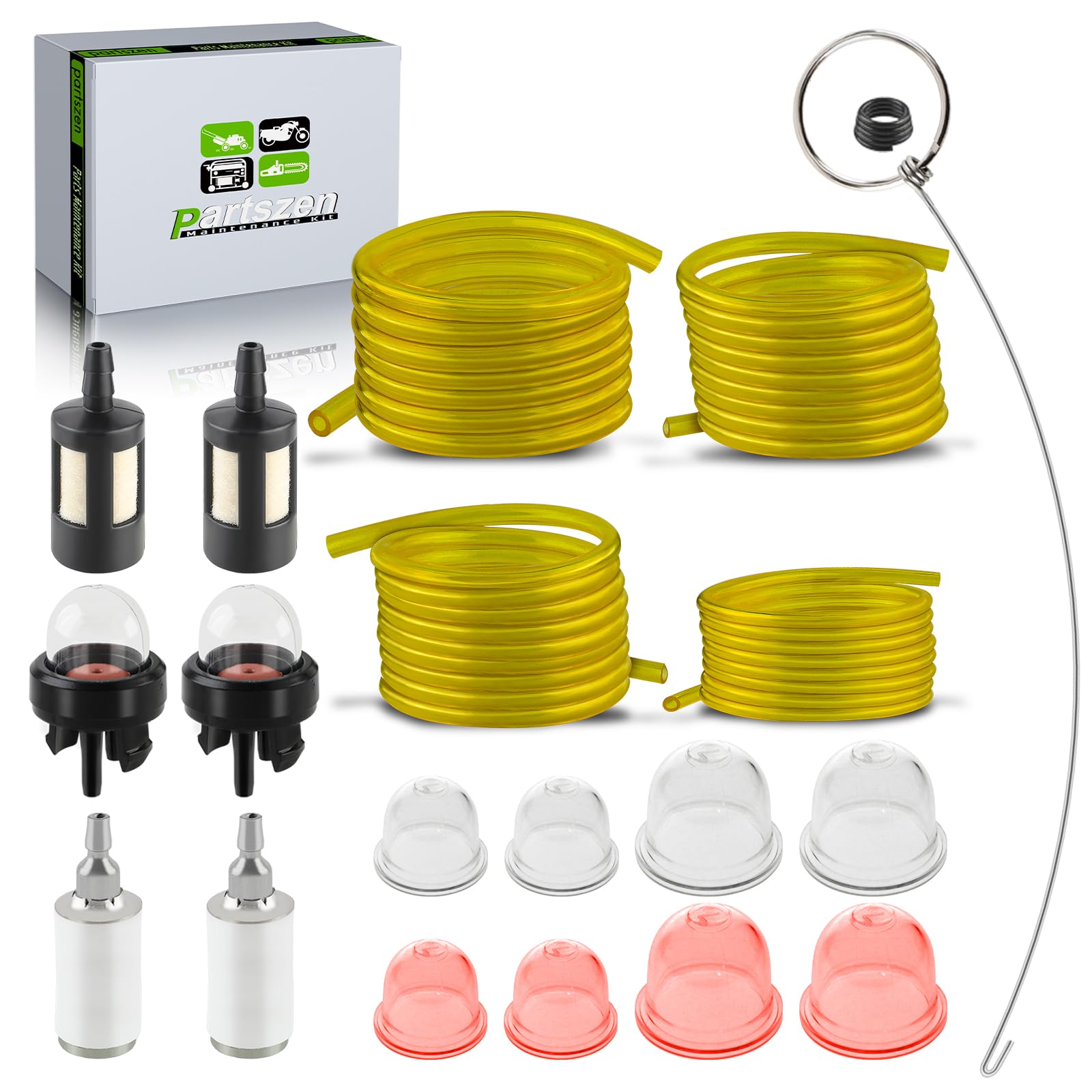 Partszen lawn mower fuel line system tune-up kit laid out for installation.