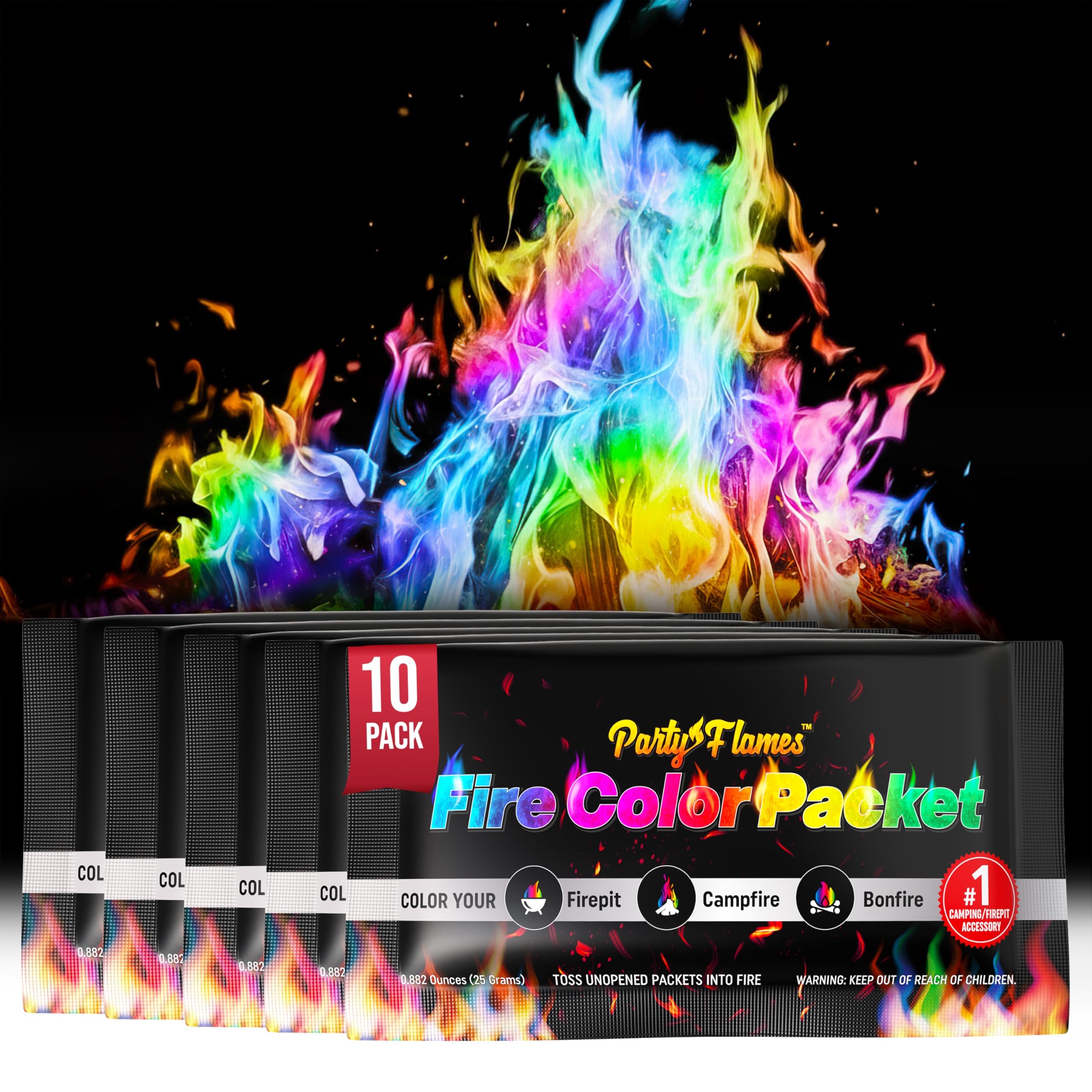 Party Flames magic campfire color packets illuminate outdoor fires with rainbow flames