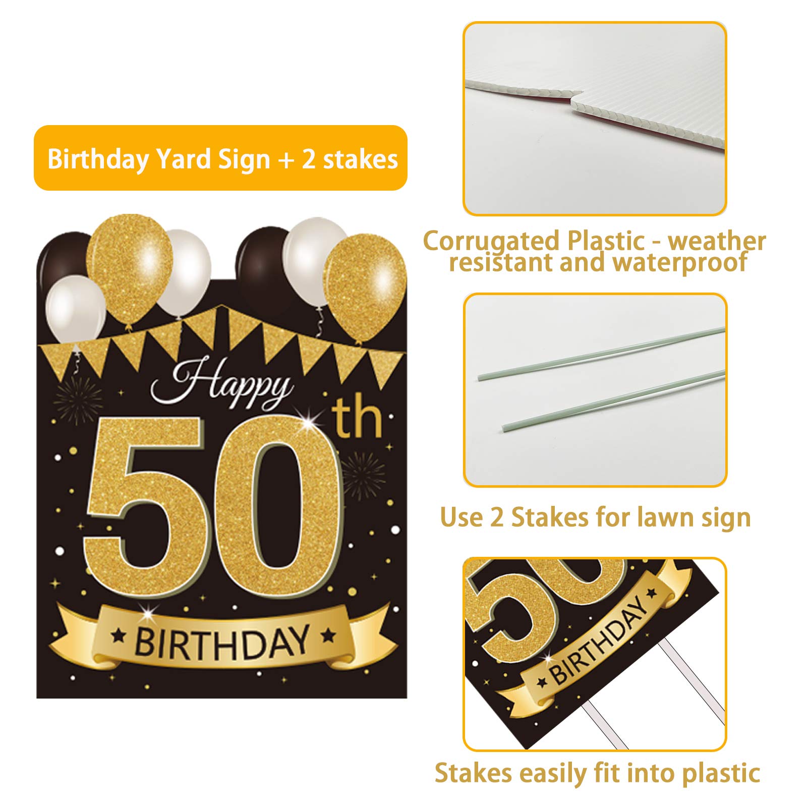 Party Greeting 50th birthday sign with stakes ideal for lawn or garden displays.