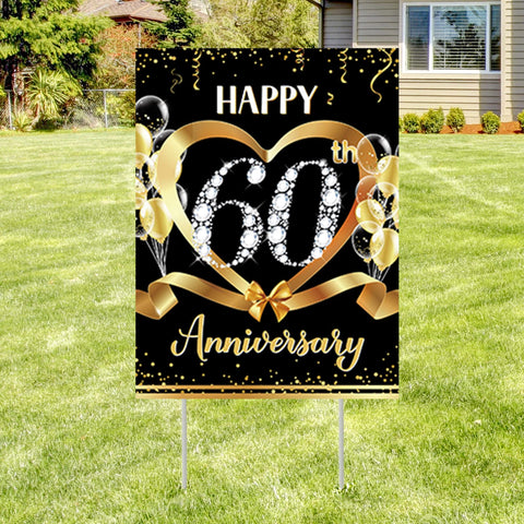 Party Greeting 60th anniversary yard sign 40x30cm with bold black and gold design, clearly visible.