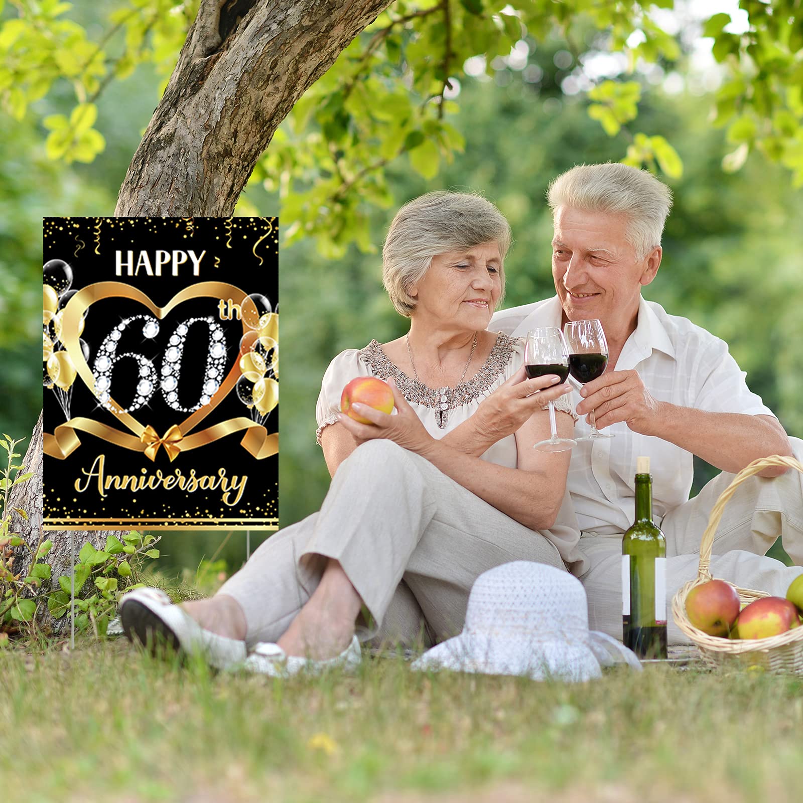 Party Greeting black and gold design suits elegant wedding anniversary displays.