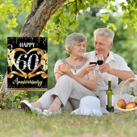 Party Greeting black and gold design suits elegant wedding anniversary displays.