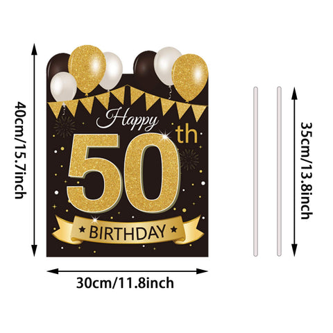 Party Greeting black and gold 50th birthday decor enhances yard photos and celebrations.