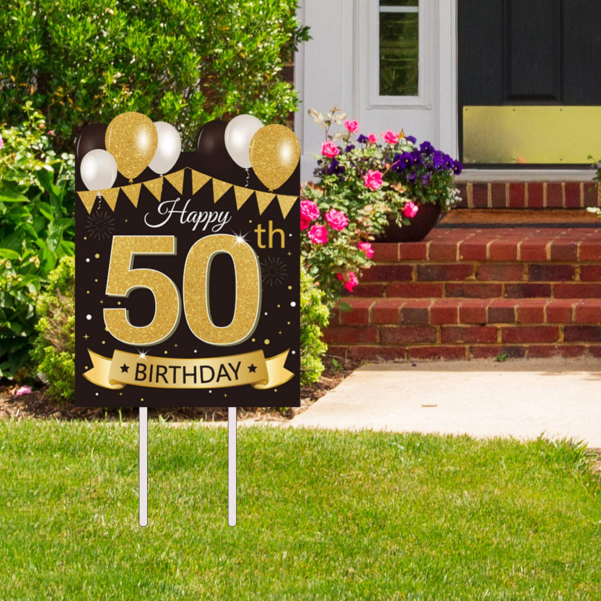 Party Greeting Happy 50th Birthday yard sign with stakes for quick outdoor setup.