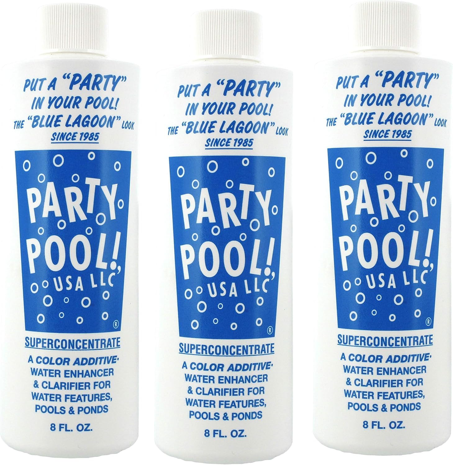 Party Pool Blue Lagoon color additive colors pool water near return jets for vibrant ambiance.