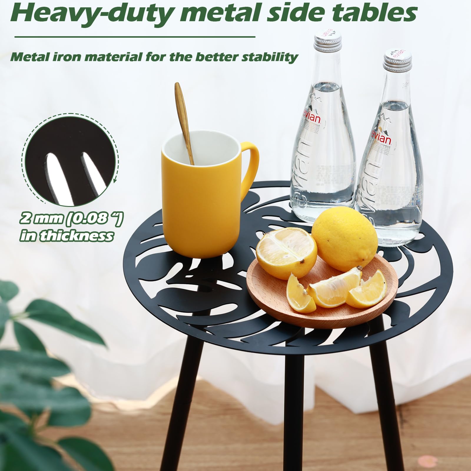 Party Zealot black metal end table with Monstera motif for patio decor.