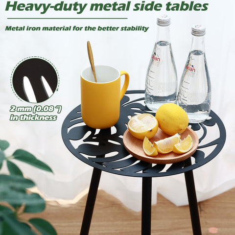Party Zealot black metal end table with Monstera motif for patio decor.