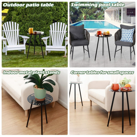 Party Zealot round Monstera design table in outdoor space.