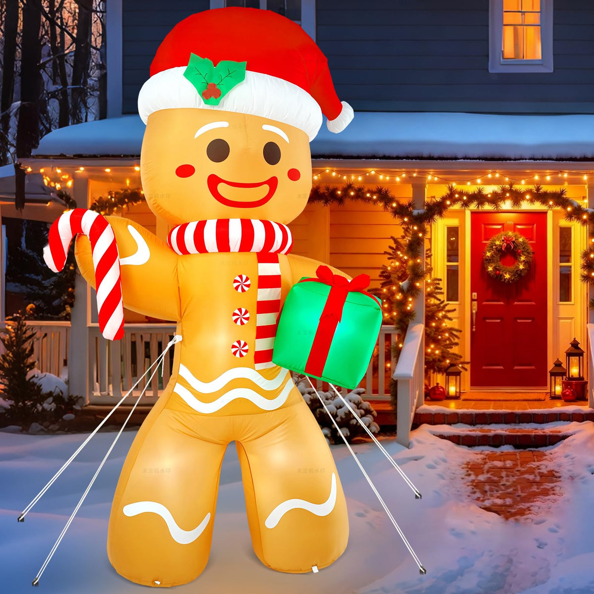 Partyotu gingerbread-man inflatable with built-in LED lights for festive nighttime display.