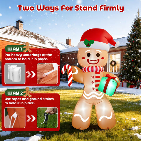 Partyotu gingerbread-man stays stable with stakes, water bags, and ropes.