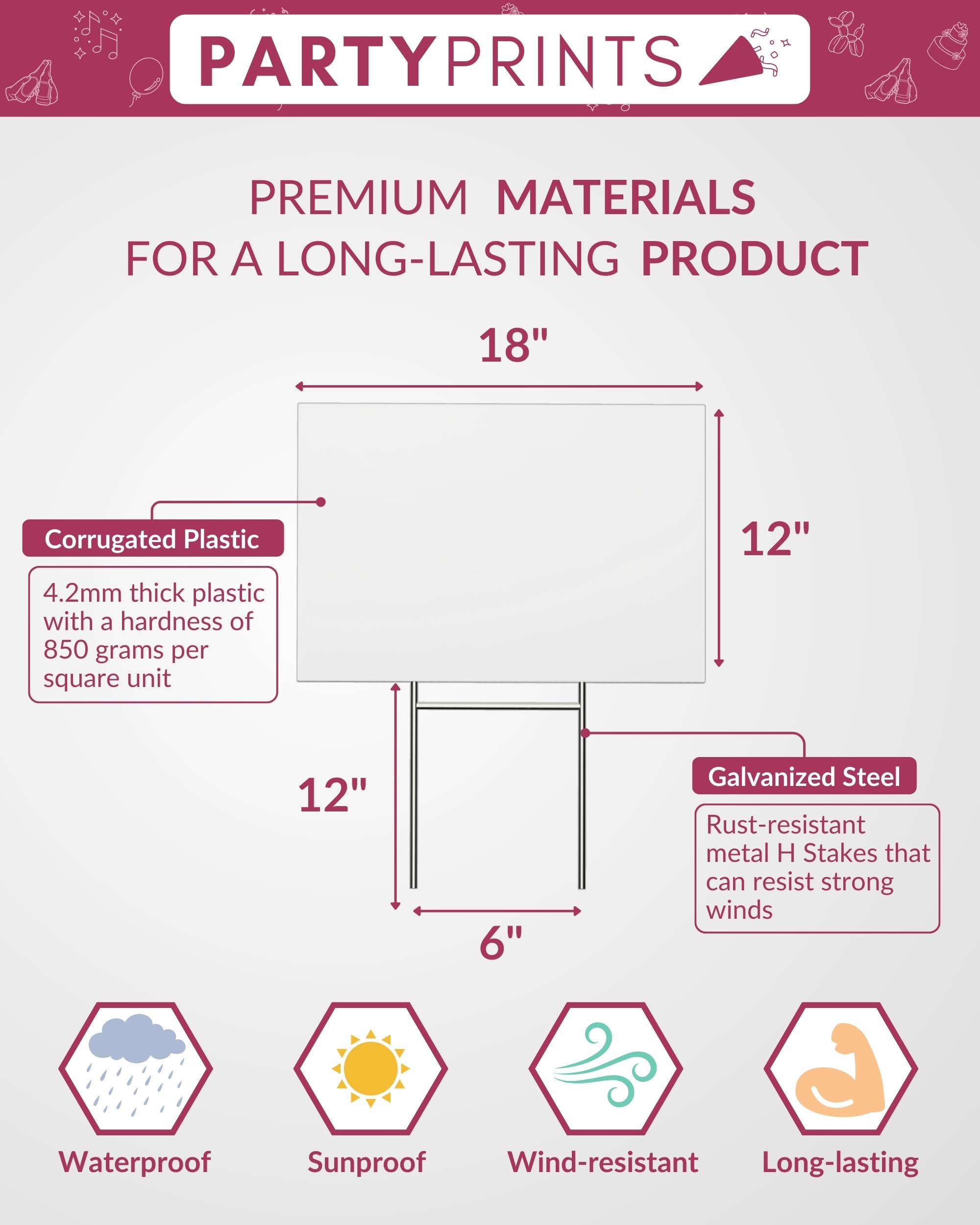 PartyPrints metal H-stake for secure, rust-resistant outdoor installation.