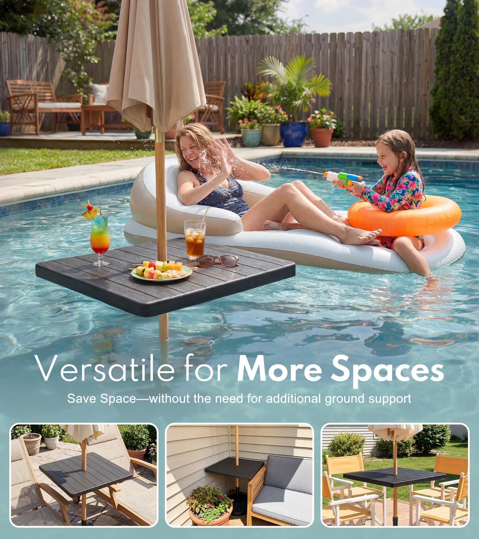 PASAMIC 21 inch square HDPE tabletop with wood look texture offers durable outdoor use.